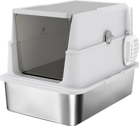 PawHut Caixa de Areia para Gatos Grandes em Aço Inox com Tampa Rebatível, Pá e Desodorizante, Cinza Claro | Aosom Portugal