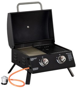 Outsunny Barbecue a Gás Dobrável com 2 Queimadores Churrasqueira à Gás Portátil com Termómetro para Campismo Piquenique ao Ar Livre Jardim 55x46,5x41cm Preto