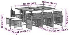 11 pcs conjunto jantar p/ jardim c/ almofadões vime PE cinzento