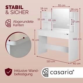 Toucador de maquilhagem Lucia 140x110x40cm, com banco com rodas Branco