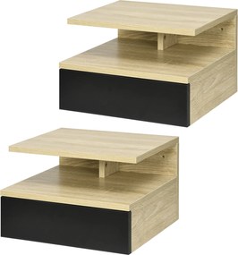 Conjunto de 2 mesas de cabeceira de parede com gaveta deslizante 35 x 32 x 22,5 cm, compartimento aberto, tabuleiro - Preto e cor Carvalho