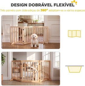 Barreira de Segurança Dobrável para Cães em Madeira, 3 Painéis, para Escadas e Portas, com 2 Pés de Apoio, 150x61 cm, Natural