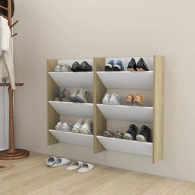 vidaXL Sapateiras de parede 2 pcs 60x18x90 cm contrapl. branco/sonoma