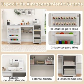 Mesa de Costura Dobrável Estação de Artesanato Multifuncional com Estantes 18 Ganchos Gavetas Mesa de Trabalho Portátil com Rodas Branco