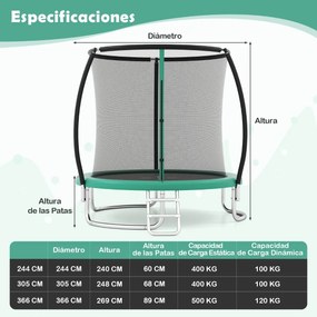 Trampolim exterior 366 cm com rede de segurança, escada e pernas curvas robustas para crianças Verde