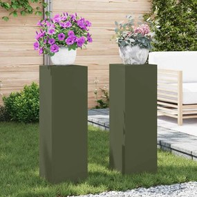 vidaXL Suportes para Plantas Externos Pilar 2 pcs Verde-azeitona 24x24x75 cm Aço