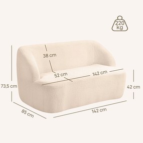 Sofá de 2 lugares em tecido bouclé, 142 (L) x 85 (P) x 73,5 (A) cm, com encosto e assento curvos, não requer montagem, bege
