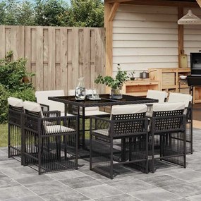 vidaXL 9 pcs conjunto de jantar p/ jardim c/ almofadões vime PE preto