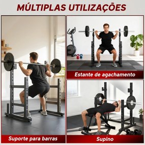 Suporte Ajustável para Barras de Pesas (NÃO INCLUIDOS) com Segurança Reforçada Carga até 300 kg Altura Regulável 48-135/45-85 cm Preto