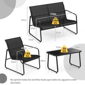 Conjunto Jardim de 4 peças com mesa de centro em vidro temperado Tecido respirável  Estrutura em metal inoxidável Preto