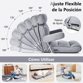 Sofá chão dobrável com encosto ajustável em 6 posições Encosto de cabeça/descanso lombar Cinzento