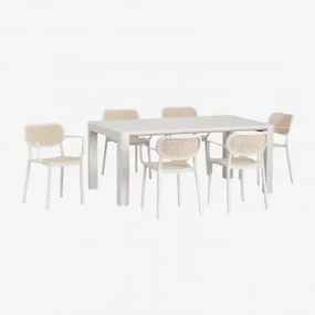 Conjunto De Mesa Retangular 180x100 Cm Arnadine E 6 Cadeiras De Jardim Empilháveis Com Apoios De Braços Em Polipropileno Omara Branco Glacial - Sklum