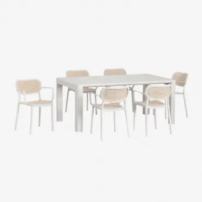 Conjunto De Mesa Retangular Arnadine (180x100 Cm) E 6 Cadeiras De Jardim Empilháveis Com Braços Omara Gardénia Branco - Sklum