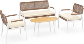 Conjunto de jardim de 4 peças: sofá de 2 lugares em rattan PE com 2 poltronas, almofadas e mesa em vidro temperado para varanda ou jardim, Castanho e