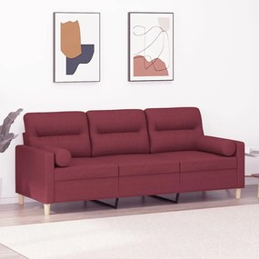 vidaXL Sofá 3 lug. + almofadas decorativas 180cm tecido vermelho tinto