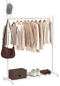 HOMCOM Charriot com Rodas Charriot com 5 Ganchos Barra para Pendurar e Prateleira Inferior Charriot para Dormitório Lavandaria 120x43x171 cm Branco