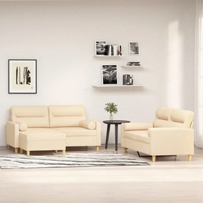 vidaXL 3 pcs conjunto de sofás c/ almofadões tecido cor creme