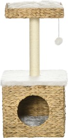 Arranhador para gatos de 2 níveis com 1 nicho, 1 poste de sisal, 1 plataforma de observação e 1 pompom suspenso
