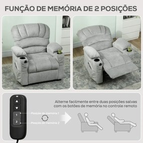 Poltrona Relax Reclinável Elétrica com Função Memória Apoia-Pés Controlo Remoto Bolsos Laterais Porta USB Porta-Copos Cinza