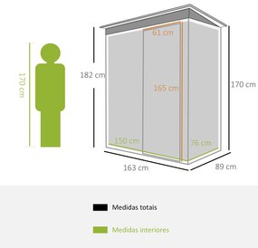 Abrigo de Jardim Exterior 1,5 m² 163x89x182 cm Abrigo Metálico para Ferramentas com Porta de Correr e Teto Inclinado Preto