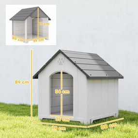 Casota para Cães de Exterior Casa para Cães Grandes em Plástico com 2 Janelas Base Elevada Estacas Cinzento