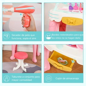 HOMCOM Toucador Infantil para Crianças acima de 3 Anos com Banco Espelho com Luz e Música com 20 Acessórios Centro de Beleza Infantil 41x27x82cm Multicolor