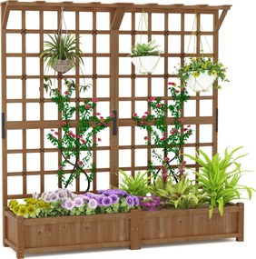 Floreira de jardim elevada em madeira 180 x 48 x 183 cm, com treliça, teto suspenso, 2 caixas, tabuleiro removível, plantas trepadeiras, flores, café