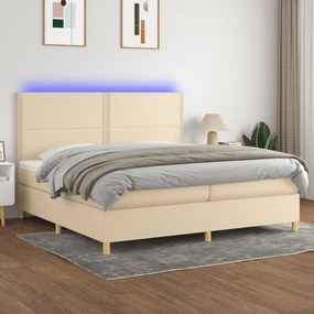 Cama box spring c/ colchão e LED 200x200 cm tecido cor creme