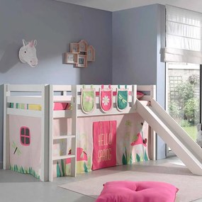 Conjunto Cama alta de Criança PINO 90 x 200 cm + estrado + escada + escorrega + cortina + 3 bolsas Primavera branca