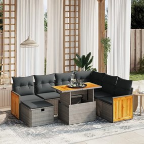8 pcs conjunto sofás de jardim c/ almofadões vime PE cinzento