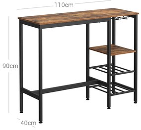 Mesa de bar com suportes para copos e prateleiras 110 x 40 x 90 cm (Bancos não incluídos) Castanho Vintage-preto