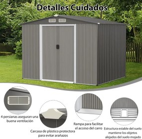 Abrigo de jardim Portas duplas e rampa para ferramentas 260 x 207 x 180 cm Cinzento escuro
