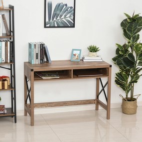 Secretária de design industrial com tampo grande, 2 compartimentos abertos metálicos pretos e painéis de aglomerado com imitação de madeira com veios