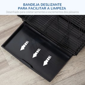 Gaiola para Pássaros com Teto Abatível 2 Poleiros 2 Comedouros e Bandeja Amovível para Canários Periquitos 40x40x59 cm Preto