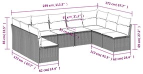 9 pcs conjunto sofás p/ jardim c/ almofadões vime PE castanho