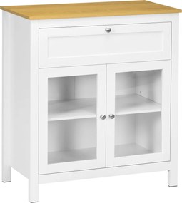 HOMCOM Aparador Cozinha Moderno Móvel Buffet Auxiliar Gaveta Prateleira Ajustável e 2 Portas de Vidro 80x40x90 cm Branco e Madeira | Aosom Portugal