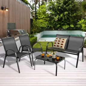 Conjunto de móveis de jardim de 4 peças com mesa de café de vidro temperado, banco e 2 cadeiras jardim Pátio Piscina