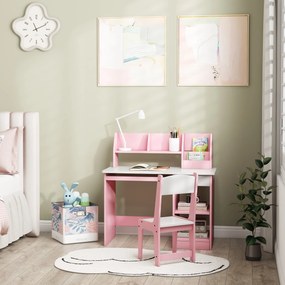 Secretária infantil com cadeira ergonómica, tabuleiro deslizante para teclado, gavetas, compartimentos abertos e prateleiras abertas, 90 x 45 x 90 cm,
