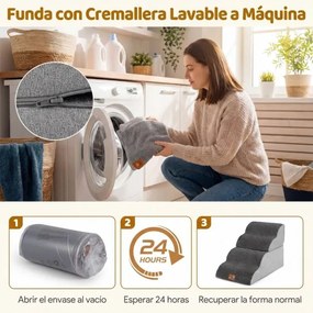 Escada Espuma animais estimação 4 Degraus 73 x 40,5 x 50 cm Rampa Transformável Alta Densidade Base Antiderrapante Capa Lavável Cinza