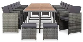 vidaXL 17 pcs conjunto jantar exterior com almofadões vime PE cinzento