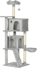 PawHut Arranhador para Gatos com Múltiplas Plataformas Cama 2 Cavernas Rede Escada Postes de Sisal 48x48x160 cm Cinzento Claro | Aosom Portugal