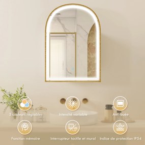 Armário de parede para casa de banho 50 x 14,5 x 70 cm com espelho e iluminação LED, porta arqueada, antiembaciamento, dourado