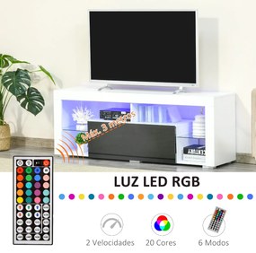 Móvel de TV para Sala de Estar com Iluminação LED 6 Modos de Cores Controle Remoto Gaveta e Prateleiras de Cristal Ajustáveis 140x35x52cm Preto e Bran