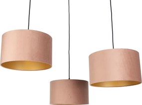 Candeeiro suspenso preto com abajur rosa e interior dourado 35cm 3-luzes - Cava