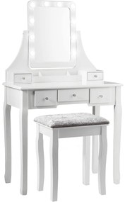 Toucador de madeira e banco com espelho giratório, luzes ajustáveis, 5 gavetas, caixa de armazenamento para quarto, closet branco