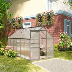 Estufa de jardim em policarbonato com 7,1 m², 1,9 m (L) x 3,75 m (C) x 1,99 m (A), com fundação, claraboia ajustável e porta de correr - Prateada e tr