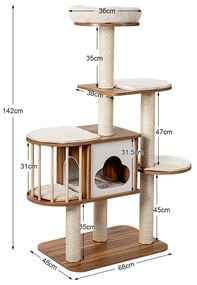 Árvore Arranhador Gatos de Actividades Multinivel e Plataformas de Sisal  68 x 48 x 142 cm Bege