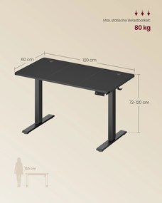 Secretária elétrica ajustável em altura 120 x 60 x (72-120) cm, preta