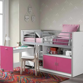 Conjunto Cama infantil BONNY + Secretária extraível + 3 prateleiras + armário com 2 portas + Estrado Rosa