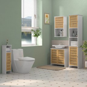 Coluna Casa de Banho Móvel Auxiliar Casa de Banho com Prateleiras Ajustáveis e Portas de Bambu 35x30x170 cm Branco e Madeira